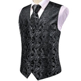 Men's 5 Pcs Luxury Black Gray Vest Tie Set - Black/Gray - 5Pcs Set -MJ-3027 - XXXL - Silk - image 5