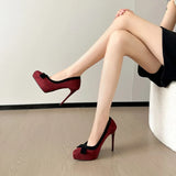 Women's Suede Bow Tie Platorm Heels - Black - 12cm Heel - 42 B - PU Suede Leather - image 37