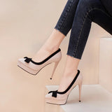 Women's Suede Bow Tie High Heel Stiletto - Beige/Black - 12cm Heel - 41 B - PU Suede Leather - image 13