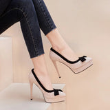 Women's Suede Bow Tie High Heel Stiletto - Beige/Black - 12cm Heel - 41 B - PU Suede Leather - image 18