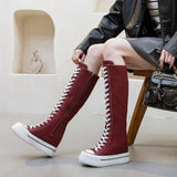 Women's Knee High Platform Canvas Boots - Burgundy - High Top Canvas Sneakers - 40 B - Canvas - image 40