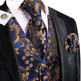 Men's 5 Pcs Luxury Formal Waistcoat Tie Set - Blue/Gold -5Pcs Set - MJ-3006-0079 - XXXL - Silk - image 16