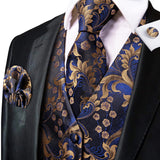 Men's 5 Pcs Luxury Formal Waistcoat Tie Set - Blue/Gold -5Pcs Set - MJ-3006-0079 - XXXL - Silk - image 1