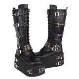 Women's Gothic Buckle Rivet Wedge Boots - Black - Boots - 46 B - PU Leather - image 13