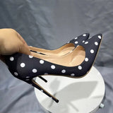Women's Silk Polka Dot Pointed Toe Heels - Black - 1 / 12cm Heel - 46 B - Silk/Leather - image 6