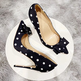 Women's Silk Polka Dot Bow Knot Heels - Black - 1 / 12cm Heel - 46 B - Silk/Leather - image 4