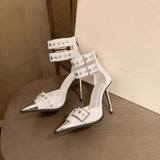 Women's Belt Buckle Stilettos Punk Style - Black - Belt Strap Shoes - 42 B - PU Leather - image 4