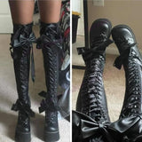 Women's Matte Over Knee Bow Knot Boots - Black - Matte Boots - 50 B - PU Leather - image 7