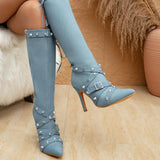 Women's Denim Cross Strap Buckle Boots - Light Blue - High Heel Boots - 43 B - PU Leather - image 4