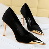 Women's Velvet Stilettos Metal Toe Heel - Wine Red - Party Pumps - 40 B - PU Leather - image 13