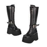 Women's Goth Zip Buckle Motorcycle Boot - Black - Knee High Boots - 47 B - PU Leather - image 5