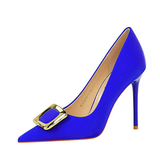 Women's Square Buckle Pointed Toe Pumps - Black - Formal Shoes - 40 B - PU Leather - image 44