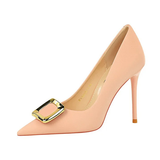 Women's Square Buckle Pointed Toe Pumps - Black - Formal Shoes - 40 B - PU Leather - image 14
