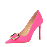 Women's Square Buckle Pointed Toe Pumps - Black - Formal Shoes - 40 B - PU Leather - image 32