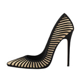 Women's Classic Black Striped Stiletto Pumps - Black - 12cm Heel - 46 B - PU Leather - image 10