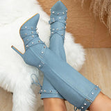 Women's Denim Cross Strap Buckle Boots - Light Blue - High Heel Boots - 43 B - PU Leather - image 5