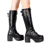 Women's Goth Motorcycle Platform Boots - Black - Platform Buckle Boots - 40 B - PU Leather - image 6