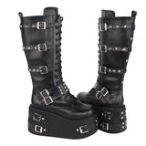 Women's Gothic Buckle Rivet Wedge Boots - Black - Boots - 46 B - PU Leather - image 16