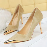 Women's Velvet Stilettos Metal Toe Heel - Wine Red - Party Pumps - 40 B - PU Leather - image 21