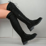 Women's Lace Up Over Knee Suede Boots - Black - Boots - 46 B - PU Patent Leather - image 4