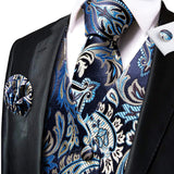 Men's 4 Pcs Luxury Blue Silver Tie Vest Set - Blue - 4pc Tie Set - MJ-0043 - 3XL - Silk - image 16