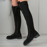 Women's Lace Up Over Knee Suede Boots - Black - Boots - 46 B - PU Patent Leather - image 12