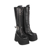 Women's Goth Zip Buckle Motorcycle Boot - Black - Knee High Boots - 47 B - PU Leather - image 6