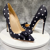 Women's Silk Polka Dot Bow Knot Heels - Black - 1 / 12cm Heel - 46 B - Silk/Leather - image 13