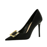 Women's Square Buckle Pointed Toe Pumps - Black - Formal Shoes - 40 B - PU Leather - image 6
