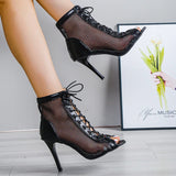 Women's Mesh Lace Up Stiletto Booties - White - Mesh Booties - 43 B - PU Leather - image 13