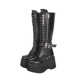Women's Goth Zip Buckle Motorcycle Boot - Black - Knee High Boots - 47 B - PU Leather - image 13