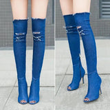 Women's Denim Over Knee Stiletto Boots - Light Blue - Stiletto Boots - 41 B - PU/Canvas - image 35