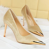 Women's Velvet Stilettos Metal Toe Heel - Wine Red - Party Pumps - 40 B - PU Leather - image 19