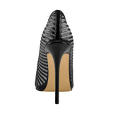 Women's Classic Black Striped Stiletto Pumps - Black - 12cm Heel - 46 B - PU Leather - image 11