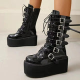 Women's Platform Gothic Ring Buckle Boot - Black - Patent Boots - 43 B - PU Leather - image 7