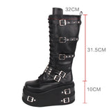 Women's Gothic Buckle Rivet Wedge Boots - Black - Boots - 46 B - PU Leather - image 18