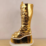 Women's Gold Buckle Strap Platform Boots - Gold - Buckle Boots - 46 B - PU Leather - image 17