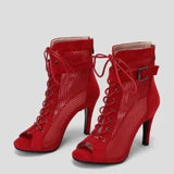 Women's Mesh Lace Up Buckle Ankle Boots - Red - Mesh Booties - 43 B - PU Leather - image 32