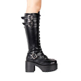 Women's Goth Motorcycle Platform Boots - Black - Platform Buckle Boots - 40 B - PU Leather - image 7