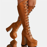 Women's Cut Out Chunky Knee High Boots - Black - Matte Platform Boots - 43 B - PU Leather - image 34