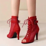 Women's Mesh Lace Up Buckle Ankle Boots - Red - Mesh Booties - 43 B - PU Leather - image 36