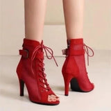 Women's Mesh Lace Up Buckle Ankle Boots - Red - Mesh Booties - 43 B - PU Leather - image 33