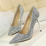 Women's High Heel Glitter Prom Pumps - Gold - 9.5cm / Glitter Shoe - 43 B - PU Leather - image 26