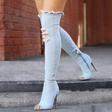 Women's Denim Over Knee Stiletto Boots - Light Blue - Stiletto Boots - 41 B - PU/Canvas - image 9