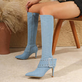 Women's High Denim Buckle Stiletto Boots - Light Blue - High Heel Boots - 43 B - PU Leather - image 8