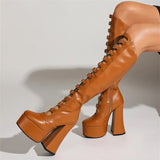 Women's Cut Out Chunky Knee High Boots - Black - Matte Platform Boots - 43 B - PU Leather - image 22