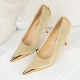 Women's Velvet Stilettos Metal Toe Heel - Wine Red - Party Pumps - 40 B - PU Leather - image 22