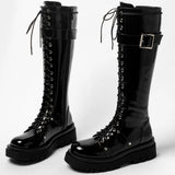 Women's Patent Buckle Strap Lace Up Boot - Black - Boot - 42 B - PU Patent Leather - image 25