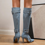 Women's Denim Buckle Strap Stiletto Boots - Light Blue - High Heel Boots - 43 B - PU Leather - image 2