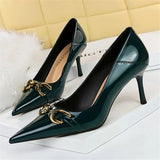 Women's Patent Leather Buckle Toe Pumps - Green  - 7cm Heels - 43 B - PU Leather - image 2